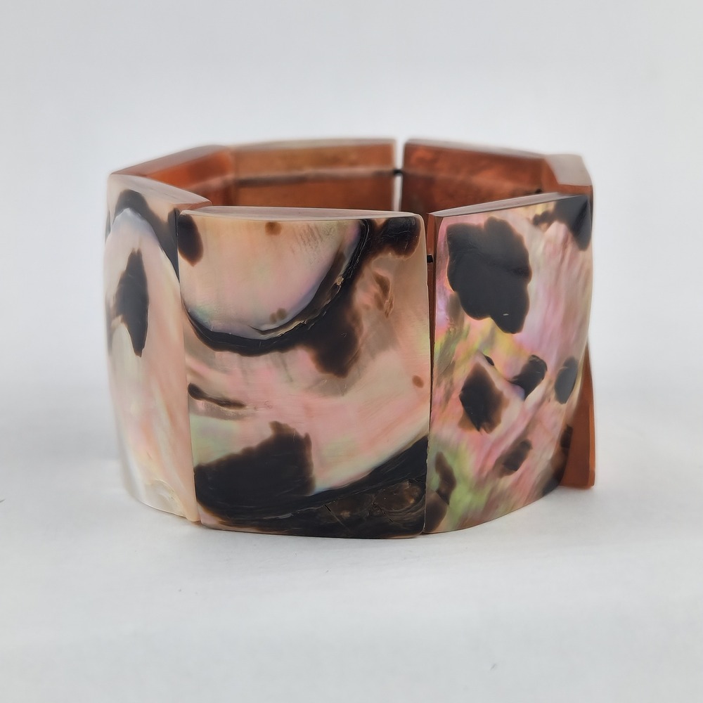Vintage Mother of Pearl Shell Stretch Cuff Bracelet Iridescent Brown Wide Panel - Picture 3 of 12